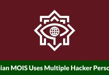 A stylized white eye with a globe inside it is centered on a maroon background. Below, a green banner has text reading, ian MOIS Uses Multiple Hacker Perso.