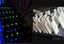 Side-by-side image showing two racks with multiple USB devices plugged in; the left side has devices with green and blue indicator lights, while the right side has white devices with blue lights, all connected by cables.