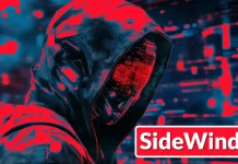 A figure in a dark hooded jacket with a distorted face stands against a digital background with red and blue tones. The word SideWinder appears in bold white text on a red rectangle in the bottom right corner.