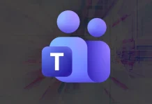 Microsoft Teams logo featuring two stylized purple-blue human figures, with a rounded square containing the letter T in the foreground. The background is dark and slightly blurred.
