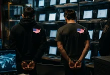 Two people with handcuffed hands behind their backs, standing in front of rows of computer monitors. Both have an American flag emblem on their shirts. A digital map is visible on a nearby screen.