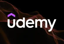 The Udemy logo with a purple accent above the letter u appears on a black background with abstract orange and red wave patterns.