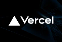 The image shows the Vercel logo with a white triangle and the word Vercel in bold white letters on a dark background.
