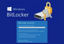 Windows BitLocker recovery screen with a lock and key illustration, a hard drive icon, and a prompt asking the user to enter the BitLocker recovery key to unlock the drive.
