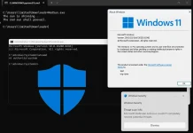 A Windows 11 desktop shows Command Prompt with the “Powershell.exe is running” message, the Windows 11 About window, a blue shield logo, and a Microsoft Security pop-up about threats found.