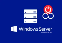 Windows Server 2022 logo on a blue background, featuring a white server icon and a red power button with an infinity symbol above the text Windows Server.