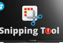 A screen displays the Snipping Tool logo above the words Snipping Tool, with the o in Tool replaced by a red exclamation mark inside a circle.