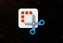 An icon showing a pair of blue scissors over a white square with red, pixel-like shapes in the top left corner, set against a dark background.