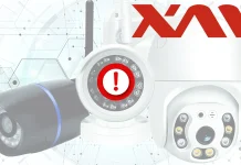 Three security cameras are shown with a red exclamation mark in the center, suggesting an alert or warning. The background has hexagonal patterns and part of a red logo is visible at the top right.