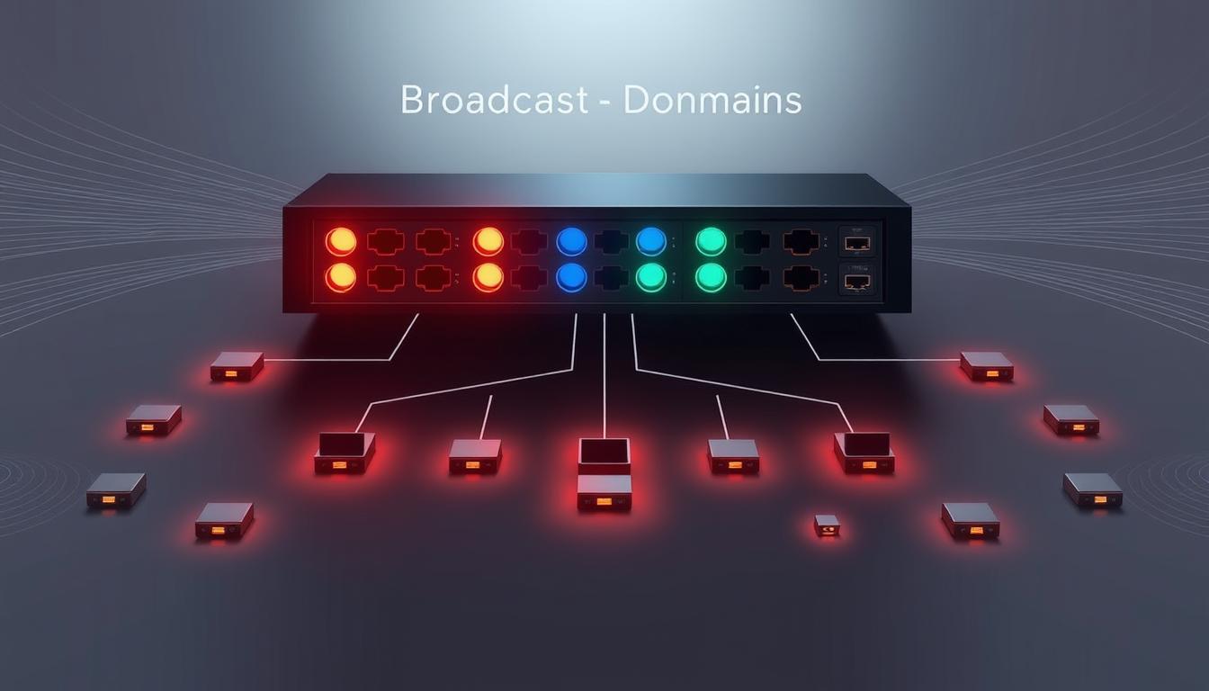 A network switch with colored indicator lights connects to multiple small devices, all glowing red, under the text Broadcast - Domains on a gray background with digital lines.