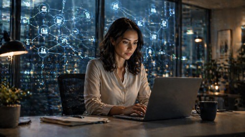 A woman sits at a desk working on a laptop in a dimly lit office, with digital network graphics and icons displayed on a large window behind her, suggesting connectivity and technology.