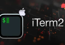 ITerm2 logo featuring a terminal icon with a green dollar sign, an Apple logo above it, and the text iTerm2 on a dark background with orange and red light effects.