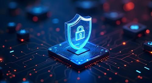 A glowing digital shield with a padlock symbol floats above a computer chip on a circuit board, representing cybersecurity and data protection, with blue and orange lights in the background.