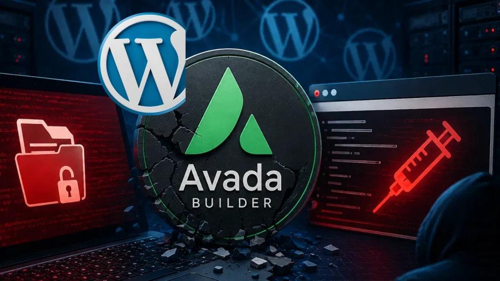 1-Million-WordPress-Sites-Affected-by-Avada-Builder-File-Read-and-SQL-Injection-Flaws–1024×576 A digital graphic shows the WordPress logo and the Avada Builder logo in the center, with red warning screens on laptops displaying a locked folder and a syringe, suggesting a cyber security threat or hacking issue.