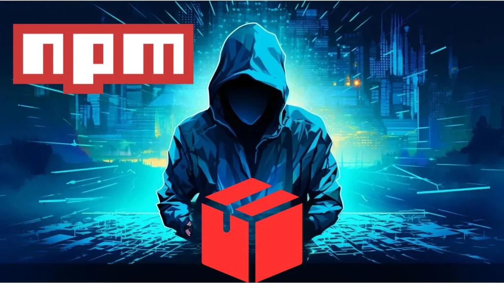 A hooded figure stands in a glowing blue digital landscape, with the npm logo and a red package box icon in the foreground, suggesting themes of hacking or cyber activity related to npm.