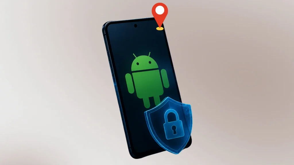 A smartphone displaying the Android logo, with a red location pin above it and a blue shield with a padlock icon in front, symbolizing location privacy and security on Android devices.