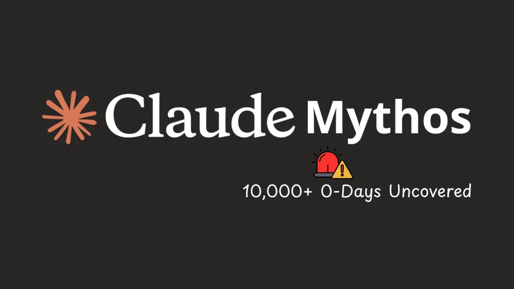 Anthropics-Claude-Mythos-Preview-0-Days-1024×576 Claude Mythos logo with an asterisk symbol. Below the text is an alert icon and the words 10,000+ 0-Days Uncovered.