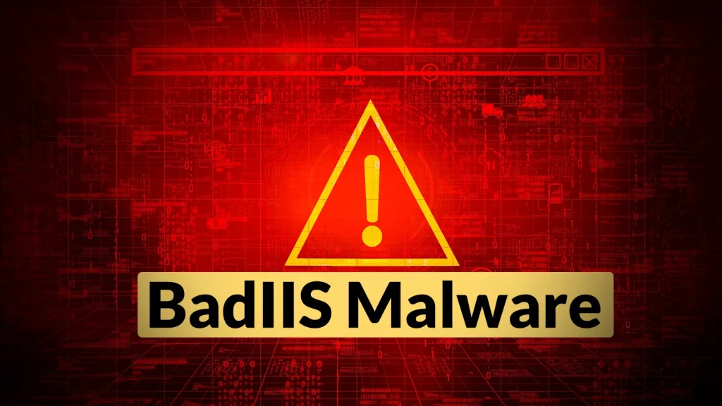 BadIIS-Malware-Turns-Hijacks-IIS-Servers-and-Redirect-Users-to-Illicit-Sites-1024×576 A red digital background with a glowing warning triangle containing an exclamation mark. Below the triangle, bold text reads “BadIIS Malware.” The overall design suggests a cybersecurity threat alert.