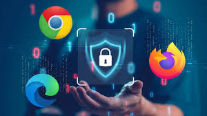 Browser logos (Chrome, Edge, Firefox) surround a shield icon with a lock, symbolizing internet security and privacy.