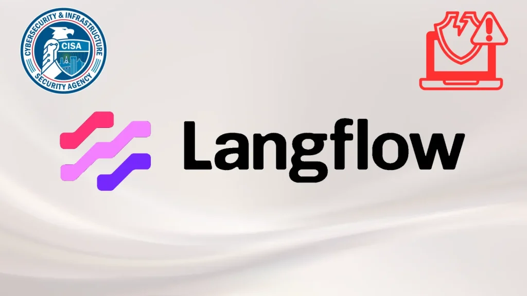 Langflow logo in the center, CISA (Cybersecurity & Infrastructure Security Agency) logo in the top left, and a red warning icon with a broken laptop in the top right, on a light background.