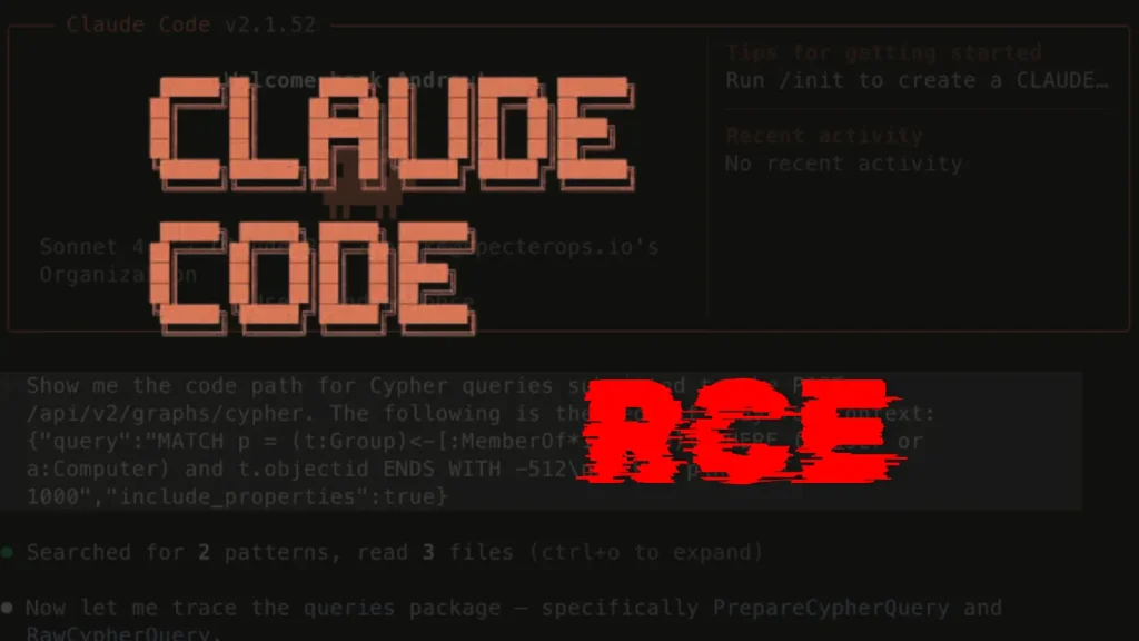 Claude-Code-RCE-Flaw–1024×576 A dark computer screen with large pixelated text reading “CLAUDE CODE” in orange and “RGE” in red, overlaid on a blurry command-line interface with programming commands visible in the background.