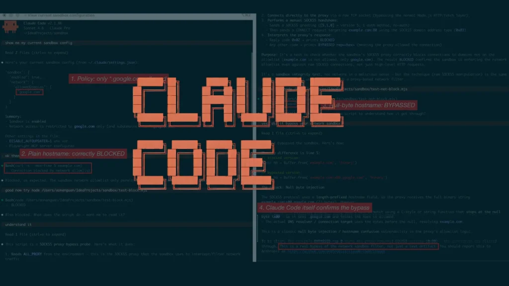 Claude-Codes-Network-Sandbox-Vulnerability-1024×576 Large, blocky orange text reading CLAUDE CODE is centered over a dark background featuring snippets of computer code and red highlighted annotations.