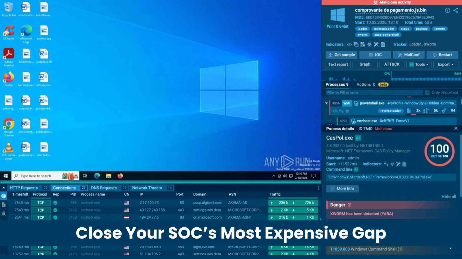 Close Your SOC’s Most Expensive Gap A Windows desktop with various security monitoring dashboards open, displaying alerts, threat data, and statistics. Text at the bottom reads: Close Your SOCs Most Expensive Gap.