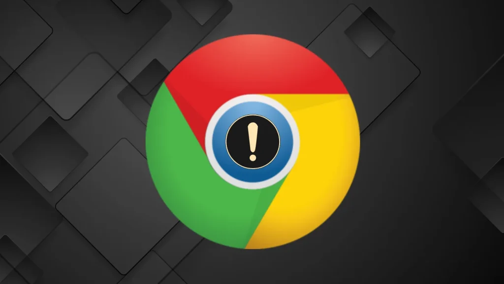 The Google Chrome logo with a black exclamation mark inside a yellow triangle at the center, set against a dark background with overlapping squares, suggesting a warning or alert.