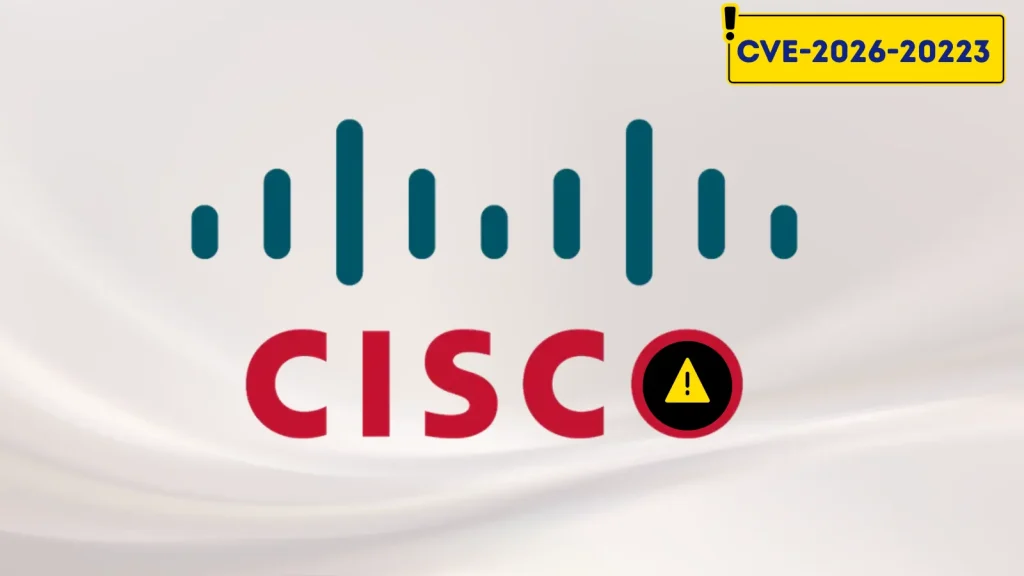 Critical-Cisco-Secure-Workload-Vulnerability-Enables-Unauthorized-API-Access-1024×576 The image shows the Cisco logo with a yellow warning symbol inside the letter O and a yellow box in the top-right corner labeled ! CVE-2026-20223, indicating a security vulnerability.