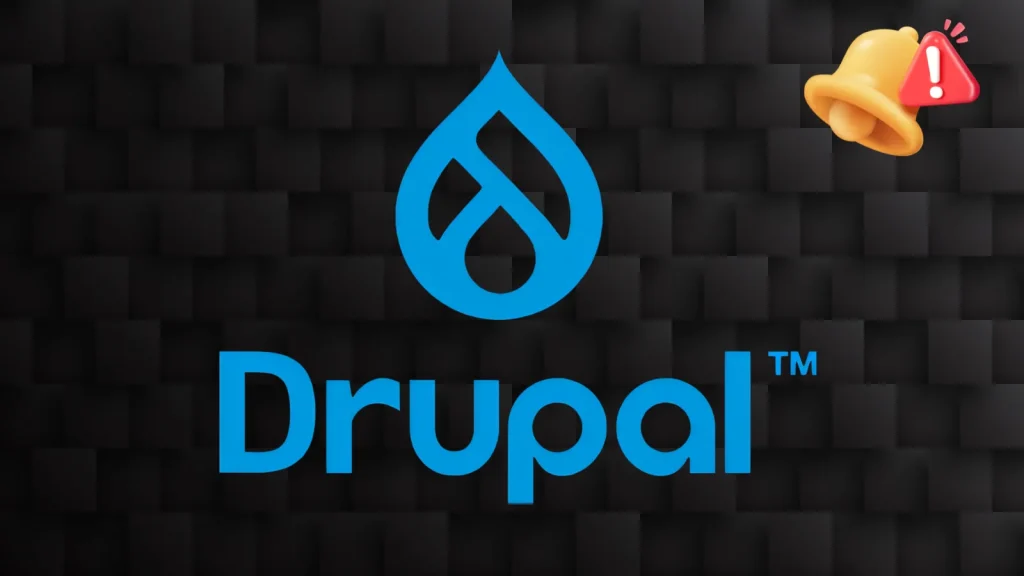 Critical-Drupal-core-security-Vulnerability-Exposes-Websites-to-Cyberattack-1024×576 The Drupal logo in blue appears on a dark textured background, with a yellow notification bell and red alert icon in the top right corner.
