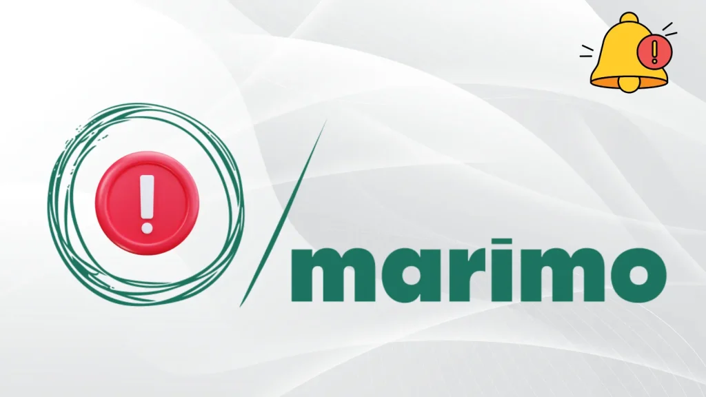 The image shows a large red exclamation mark inside a green circular design next to the word “marimo” in green text. In the top right corner, there is a yellow bell with an exclamation mark.