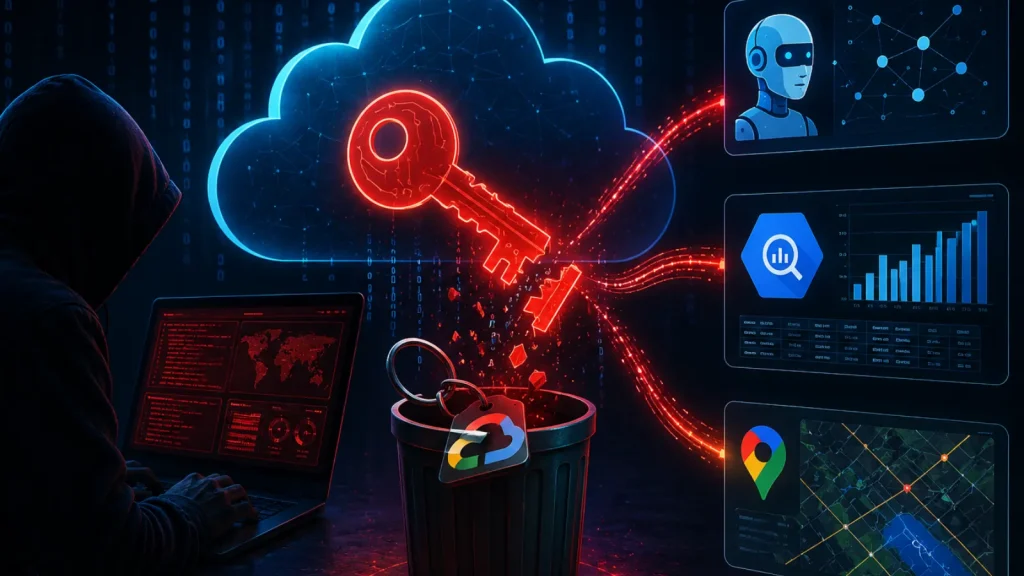 Deleted-Google-API-Keys-Continue-Accessing-Gemini-BigQuery-and-Maps-APIs-1024×576 Hacker in hood using laptop with code. A glowing key breaks in half above a trash can with Google Cloud logo. Red data streams connect to AI bot and analytics displays.