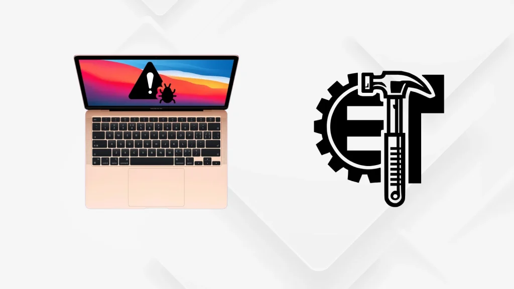 ExifTool-Vulnerability-Compromise-Macs-1024×576 A laptop displays a warning symbol with an exclamation mark and a bug. Next to it is a gear and hammer logo with the letters ET on a light background.