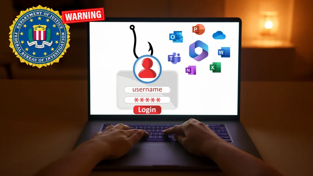 A person types on a laptop showing a phishing warning, fake login form, and icons for Microsoft apps. An FBI warning badge appears in the corner, highlighting cybersecurity risks.