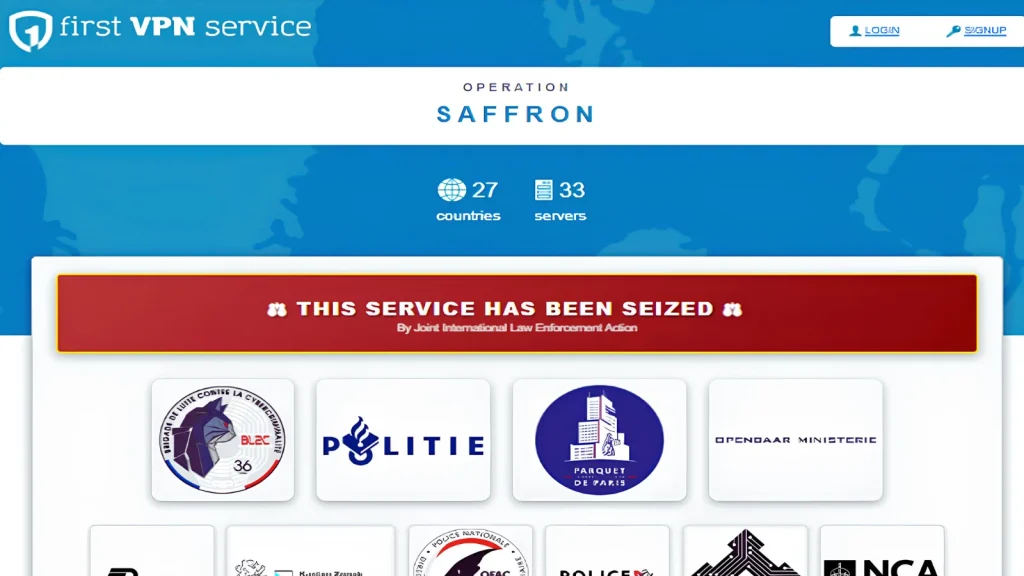 A website homepage for first VPN service displays a red banner stating THIS SERVICE HAS BEEN SEIZED above logos of various law enforcement agencies, with a blue background and operation details.