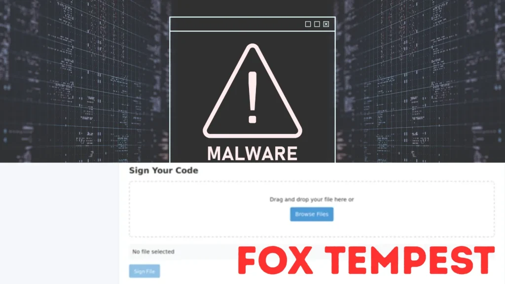 A digital warning triangle labeled MALWARE appears above a file upload form with the words FOX TEMPEST in bold red text in the lower right corner. Background shows dark computer code.