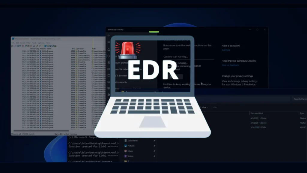 GhostTree-Attack-EDR-Products-1024×576 Illustration of a laptop displaying the text EDR with a red alert symbol on screen, overlaid on screenshots of security and file management software interfaces.