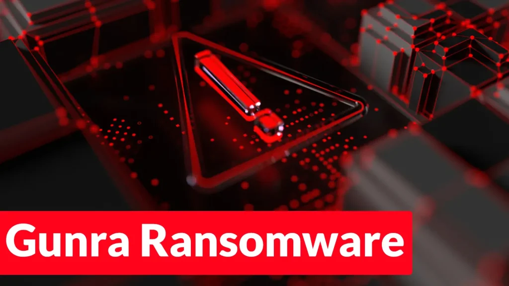 Gunra-Ransomware-Expands-RaaS-Operations-After-Shifting-From-Conti-Based-Locker-1024×576 A digital warning triangle with a red exclamation mark is surrounded by abstract red circuit lines. The text Gunra Ransomware appears in bold white letters on a red banner at the bottom.