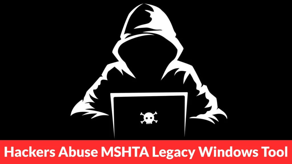 A faceless figure in a hoodie sits at a laptop with a skull symbol, set against a black background. Below, a red banner reads, Hackers Abuse MSHTA Legacy Windows Tool.