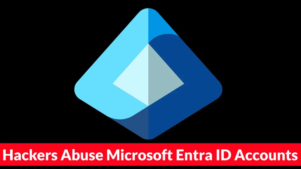 A blue Microsoft Entra ID logo on a black background with a red banner below that reads, Hackers Abuse Microsoft Entra ID Accounts in white text.