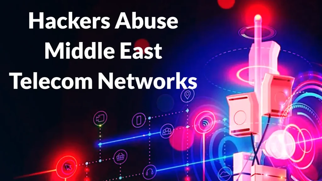 Hackers-Abuse-Middle-East-Telecom-Networks-for-Large-Scale-Command-and-Control-Operations-1024×576 Text reads: Hackers Abuse Middle East Telecom Networks. Abstract background with glowing towers and network lines.