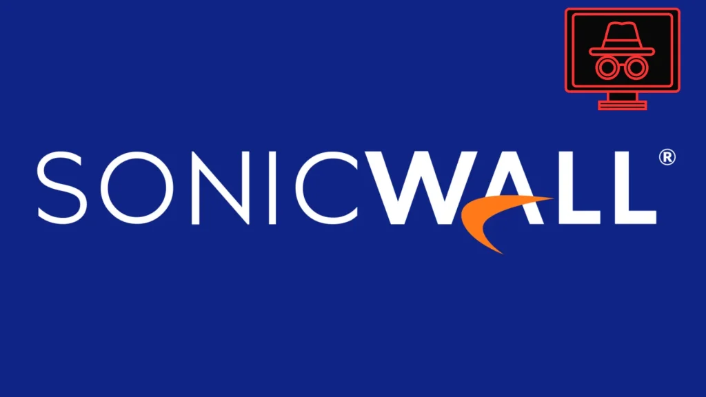 Hackers-Actives-Scanning-SonicWall-Firewall-Interfaces-597000-sessions-Observed-1024×576 SonicWall logo in white text with an orange swoosh, set against a blue background. A red outline of a computer monitor with a fedora-wearing figure and goggles sits in the top right corner.