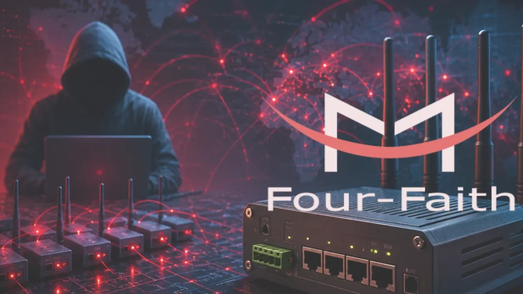 A hooded figure on a laptop sits in a dark room with a digital map and red network lines in the background. In the foreground, networking devices and the Four-Faith logo are visible.