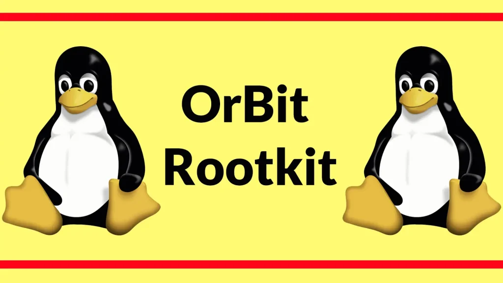 Two Tux penguin mascots on a yellow background with the text OrBit Rootkit centered between them, bordered by red lines at the top and bottom.