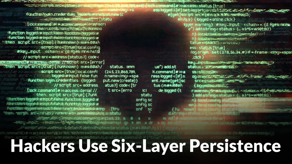 Hackers-Use-Six-Layer-Persistence-to-Maintain-Access-on-Compromised-FreePBX-Systems-1024×576 Abstract background with glowing green computer code and the text Hackers Use Six-Layer Persistence in white.