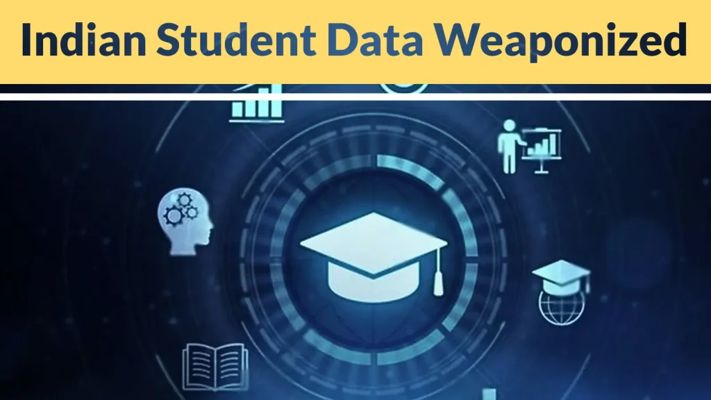 A digital graphic with the text Indian Student Data Weaponized above icons representing education, such as a graduation cap, books, charts, and a human head with gears.