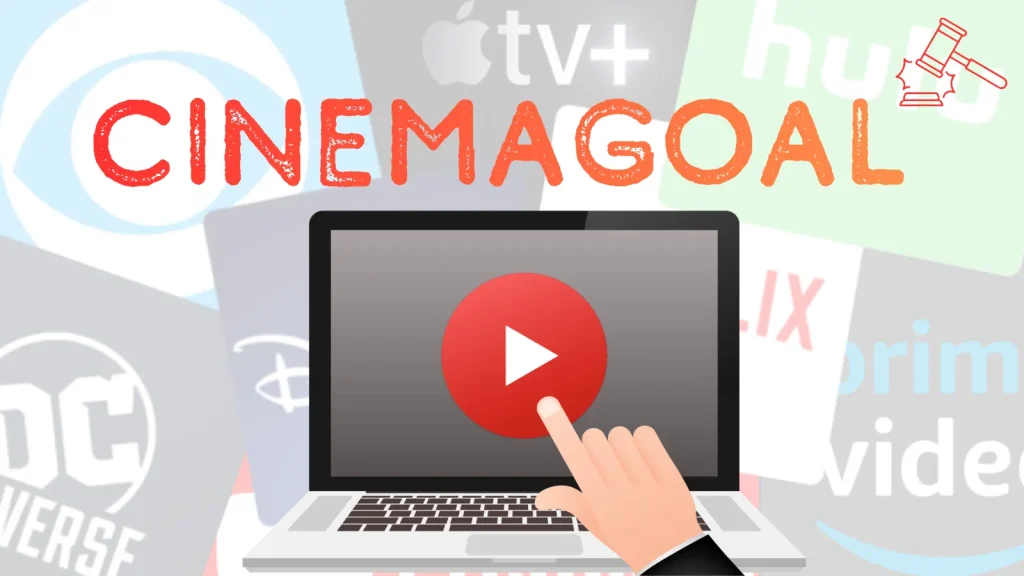 Italian-authorities-Dismantled-CINEMAGOAL-app-that-Enables-Access-to-Various-Streaming-Platforms-1024×576 CINEMAGOAL text over a laptop with a play button. Background shows logos of streaming services like Disney+, Netflix, and Prime Video.
