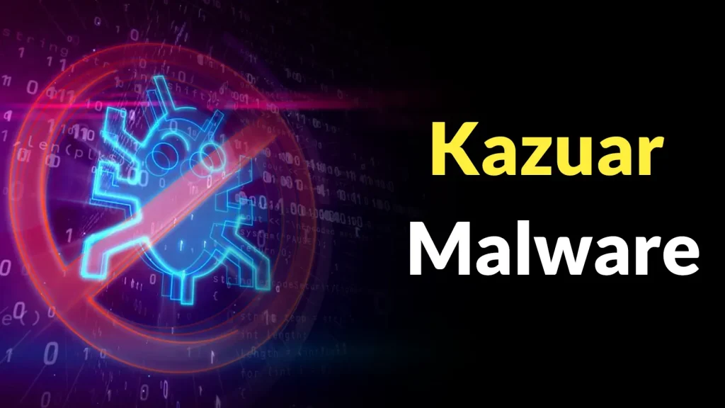 A digital illustration of a crossed-out bug icon with binary code in the background and the text Kazuar Malware in bold yellow and white letters on a black background.