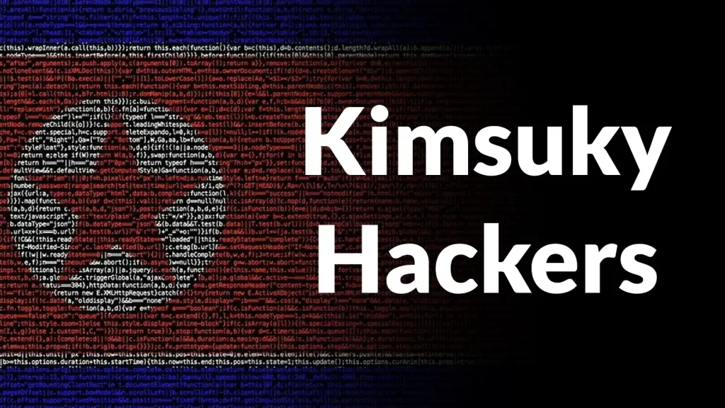 The image shows computer code forming the North Korean flag with a silhouette of a star, and large white text on the right that reads Kimsuky Hackers against a dark background.